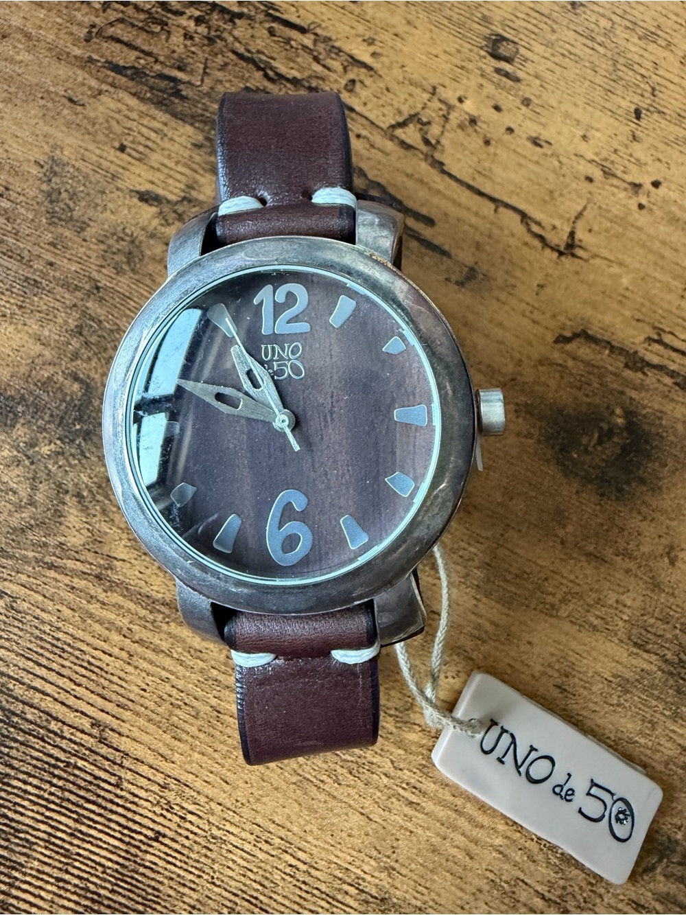 UNO de 50 Brown Leather Strap Watch with Dark Brown Dial